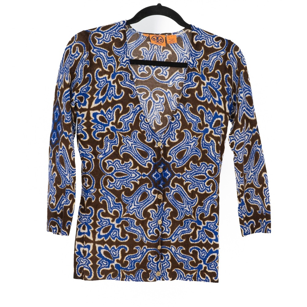 Tory Burch Wool Knit V Neck Button Front Cardigan Sweater Abstract Print Small